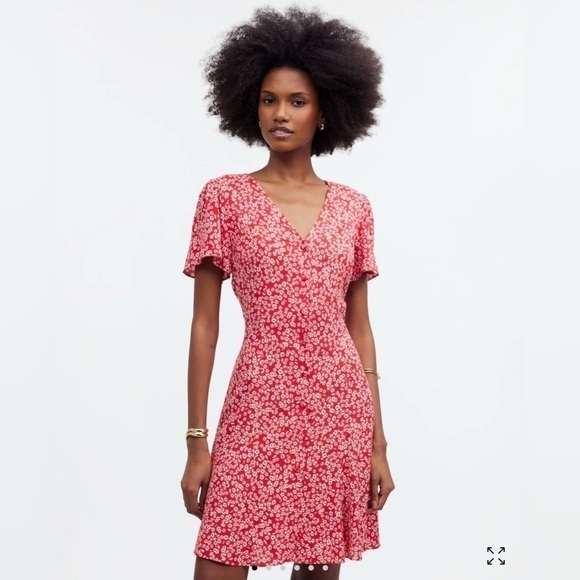 Madewell Red Floral flutter sleeve Dress size 0 - Picture 1 of 2